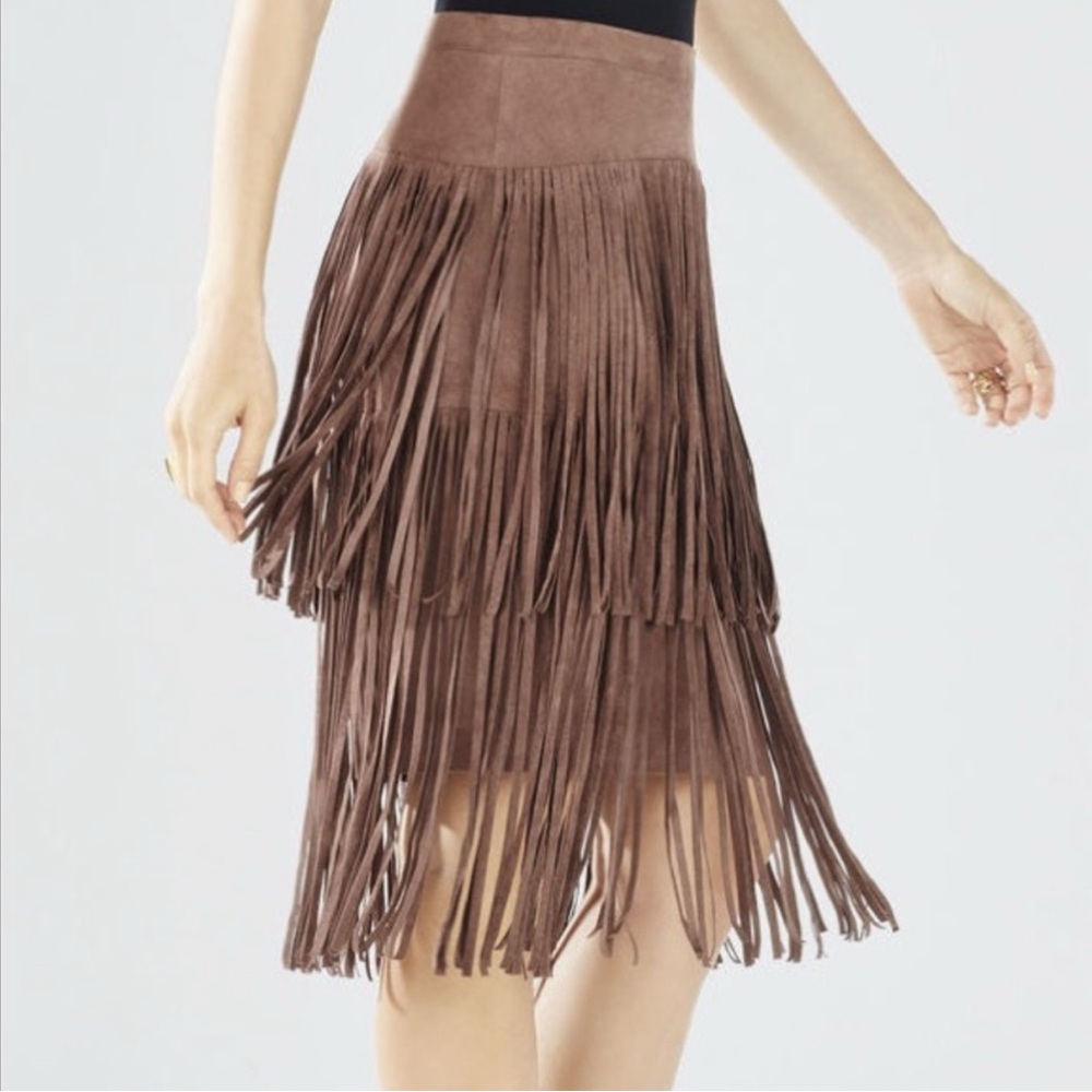 Bcbgmaxazria fringe fax suede skirt 4